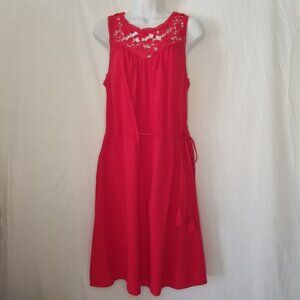 Knox Rose Womens M Tomato Red Sleeveless Belted Crochet Upper Sun Dress Pockets
